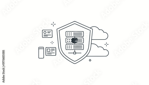 Data Server Protection with Shield and Cloud Outline Illustration.