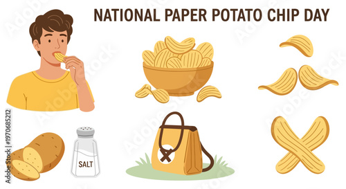 National Paper Potato Chip Day illustration with a man eating chips a full bowl raw potatoes salt and a paper bag