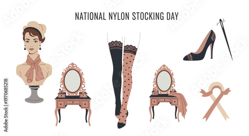 National Nylon Stocking Day illustration with legs in stockings vanity mirrors woman bust and fashion accessories