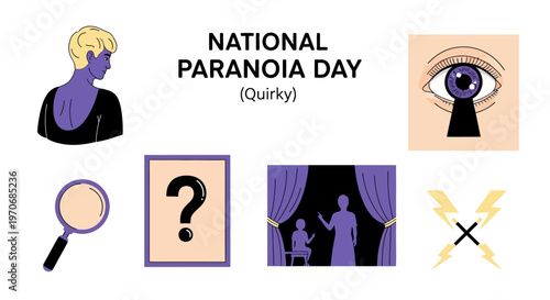 National Paranoia Day graphic illustrations with icons of an eye in a keyhole silhouettes and a magnifying glass