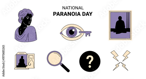 National Paranoia Day graphic with stylized icons of an eye magnifying glass silhouettes and question mark