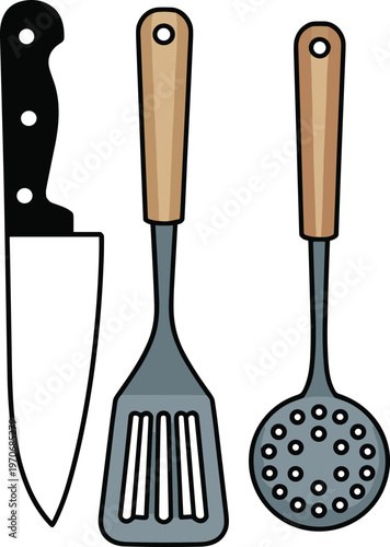 Kitchen utensils set with chef knife slotted spatula and skimmer spoon vector illustration isolated on white background for cooking culinary design