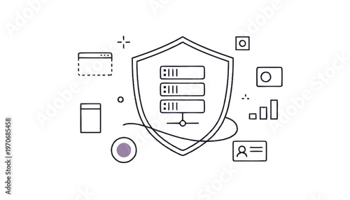 Data server protection shield icon with network connection.
