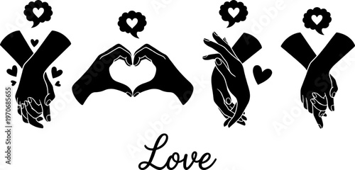 Love icons silhouette vector illustration featuring romantic hand gestures, heart symbols, affectionate motifs, and decorative relationship design