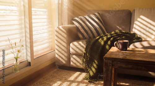 Canvas Print Warm and inviting cozy living room interior bathed in golden sunlight through window blinds