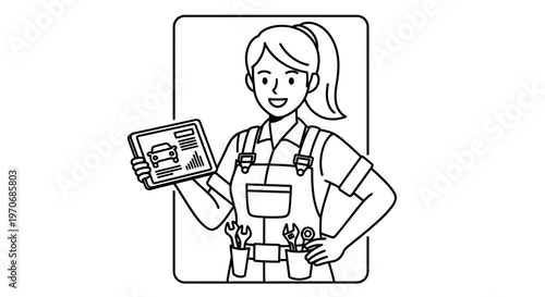Female mechanic holding tablet with car diagnostic report and tools, line art illustration