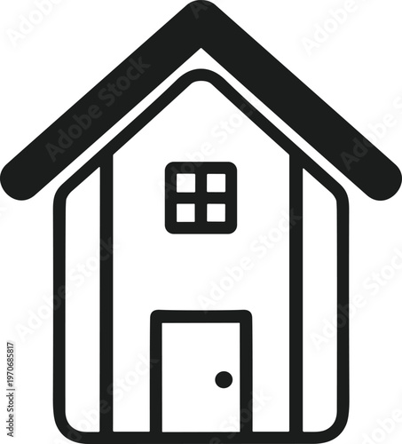 Minimal house icon with triangular roof, centered arched door, and upper four-pane window for home design content