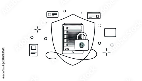 Data server security with padlock and shield illustration.