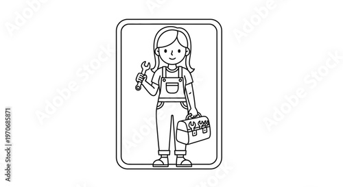 Female Mechanic Holding Wrench and Toolbox, Cartoon Style
