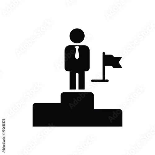 Winner standing on podium with flag celebrating success achievement in business career, goal completion and victory, leadership and winning.