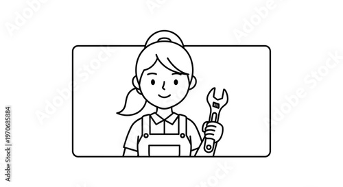 Female Mechanic Holding Wrench, Cartoon Style, Professional Woman in Overalls