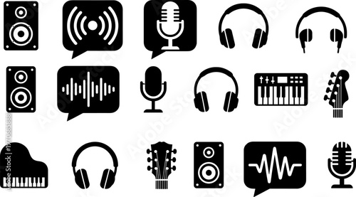 Music and audio equipment icons silhouette vector illustration featuring speakers, microphones, headphones, guitars, piano, and sound wave motifs