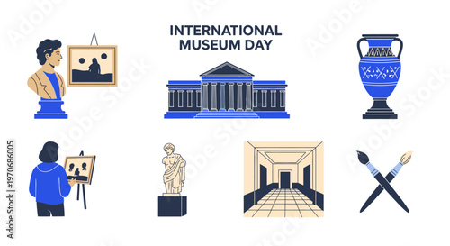 Vector graphics for International Museum Day featuring a neoclassical building statues paintings and an amphora