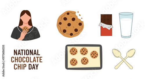 Vector illustration for National Chocolate Chip Day with a woman cookies milk chocolate bar and baking sheet