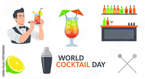 Vector illustration for World Cocktail Day featuring a bartender various cocktails shaker bar tools and lime
