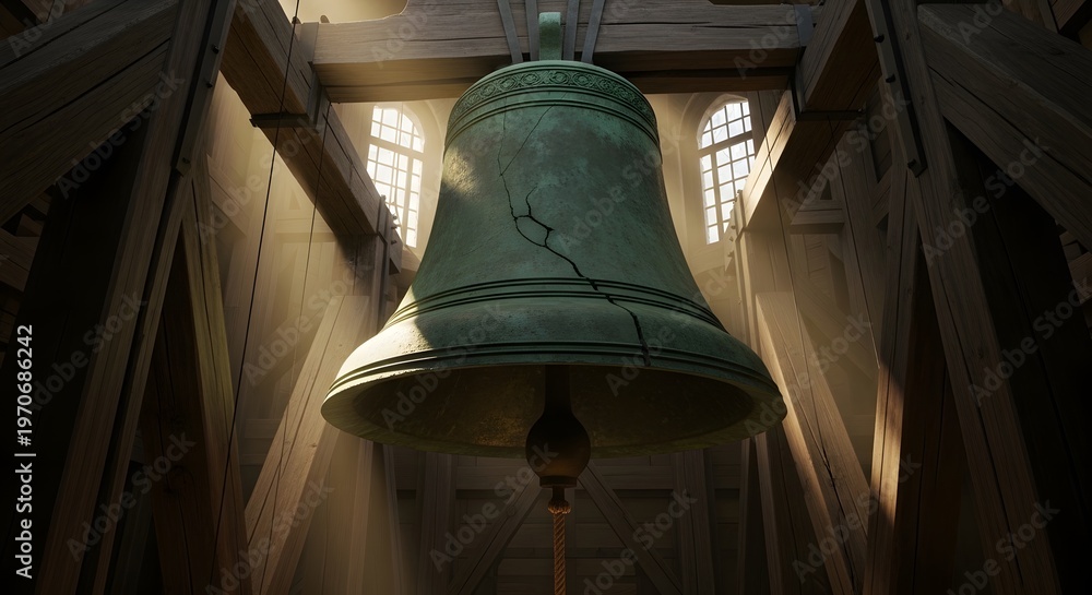 Obraz premium A large, ancient bell hangs within a wooden structure, casting shadows and evoking a sense of history and solemnity