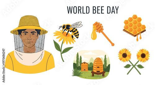 World Bee Day graphic featuring a beekeeper honeybee on a flower honeycomb beehives and crossed sunflowers
