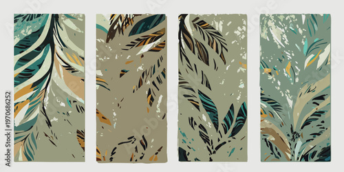 Abstract botanical stripes featuring tropical leaves in muted earthy tones
