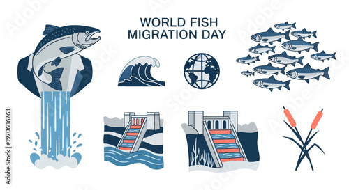 World Fish Migration Day illustration featuring salmon jumping fish ladders globe wave and schooling fish