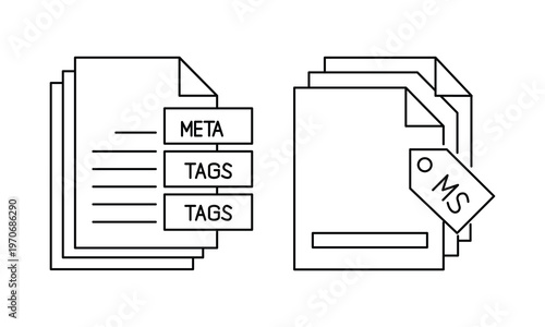 Document icons with meta tags and MS label for file management and SEO.Editable stroke, Vector illustration, Line art Icon, Symbols.
