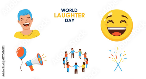 World Laughter Day illustration with laughing man emoji people holding hands megaphone and festive elements