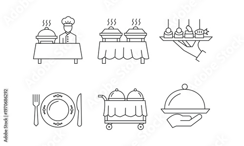 Professional buffet catering icons with chef food warmers and server carrying tray.Editable stroke, Vector illustration, Line art Icon, Symbols.