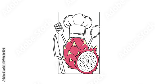 Dragon Fruit Culinary Concept: Chef Hat, Knife, Fork, Spoon, Tropical Fruit