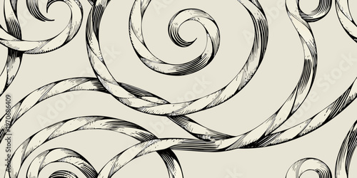 Intricate swirling lines create a seamless black and white pattern