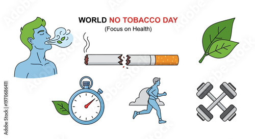 World No Tobacco Day health graphic with icons for quitting smoking physical exercise and fresh breathing