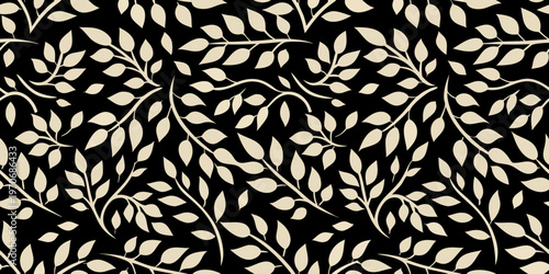 Elegant botanical pattern featuring delicate beige leaves on a black background