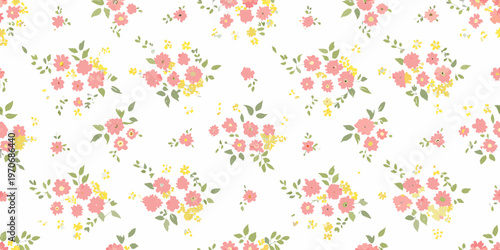 Delicate floral pattern with small pink and yellow wildflowers on white