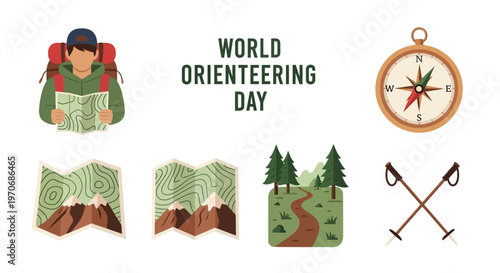 World Orienteering Day vector set featuring a hiker topographic maps a compass forest trail and trekking poles