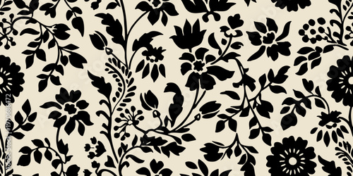 Elegant floral pattern with black silhouettes against a cream background