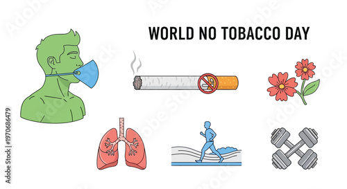 World No Tobacco Day text with illustrations of lungs a runner crossed dumbbells flowers and a crossedout cigarette