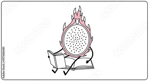 Dragon fruit character reading a book, funny illustration