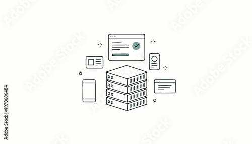Data Servers and Digital Devices in Line Art Style.