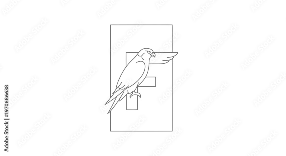 Obraz premium Elegant Falcon Bird Perched on Stylized Letter F Logo, Minimalist Line Art