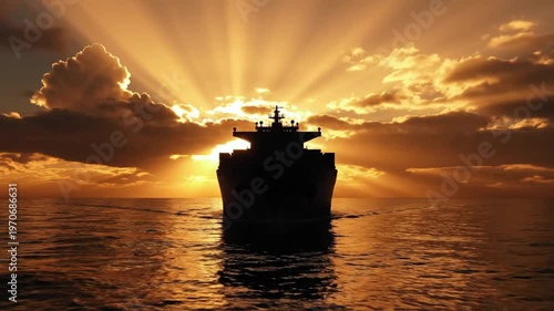 A large cruise ship sails across calm waters towards a vibrant sunset with sunbeams bursting through clouds on the horizon.