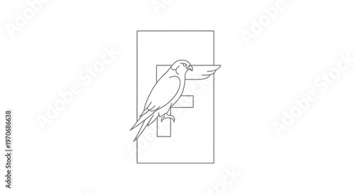 Elegant Falcon Bird Perched on Stylized Letter F Logo, Minimalist Line Art