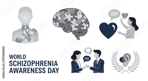World Schizophrenia Awareness Day graphic featuring a jigsaw brain awareness ribbon people icons and a laurel ear