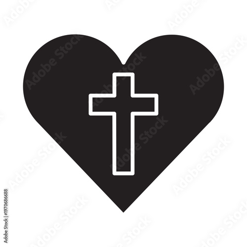 Solid black heart vector illustration with a white christian cross outline in the center. Minimalist religious symbol of faith and love.