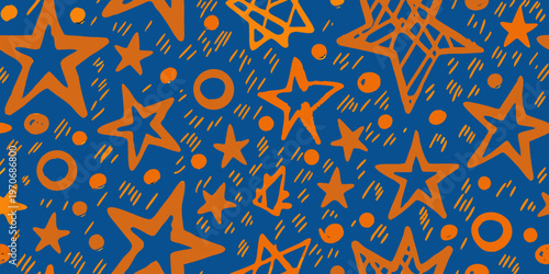 Abstract background featuring orange stars and polka dots on blue