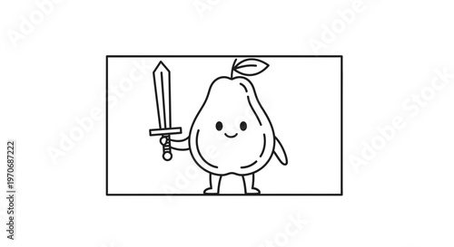 Cute Pear Character Holding a Sword, Cartoon Style