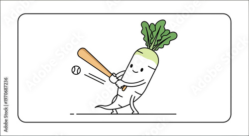 Cute radish character playing baseball, hitting a baseball with a bat, cartoon style