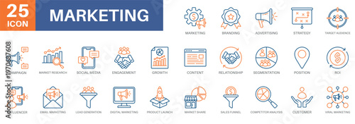 marketing icon set, digital marketing, promotion,advertising, sales funnel, and market share. Simple vector symbols for strategy and development