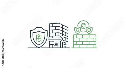 Digital Security - Shield, Firewall, and Secure Building Illustration.