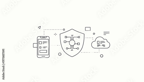 Digital Security Shield Connecting Mobile Device to Cloud Network.
