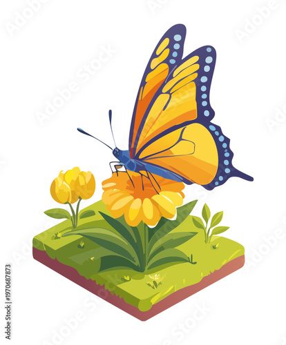 beautiful yellow butterfly on orange flower in isometric view for garden nature scenery decoration and insect wildlife element for mobile game environment asset
