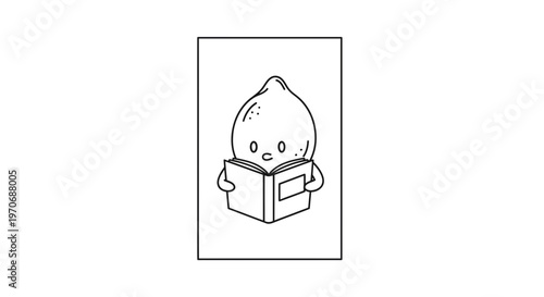 Cute cartoon chickpea character reading a book, black and white line art