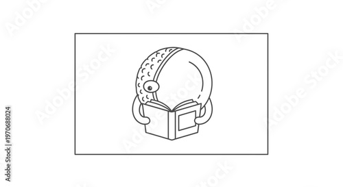 Cute cartoon golf ball character reading a book, black and white line art